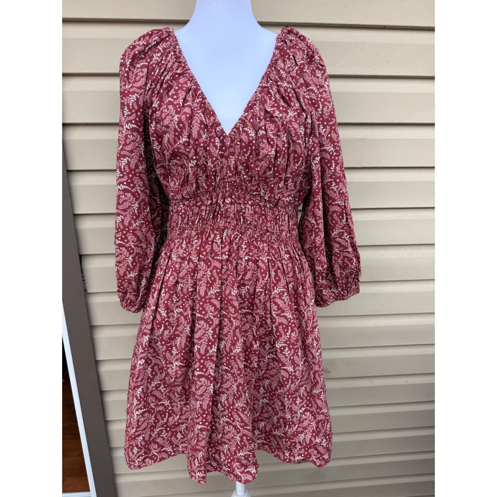 Madewell Red Floral Smocked Waist V-Neck Mini Dress Long Balloon Sleeve Size 4